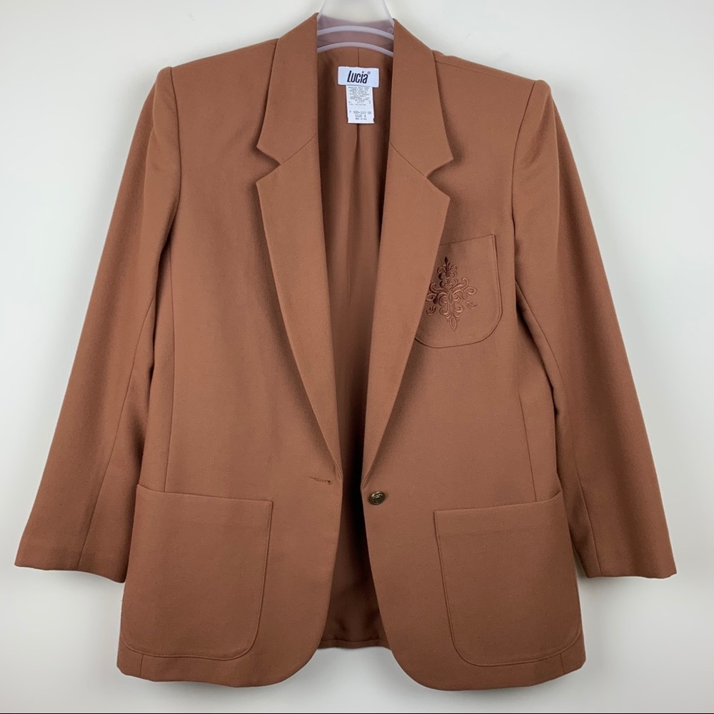 Vintage Lucia Tan One Button Embroidered Blazer